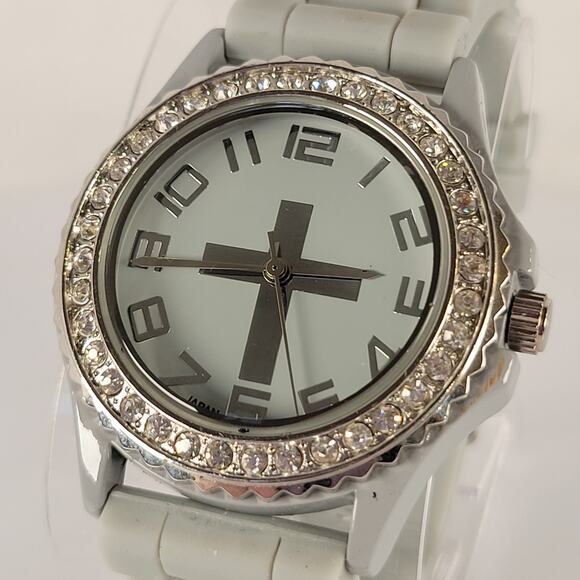 Silver Cross Watch with Rhinestone Bezel and Gray Silicone Strap Religious - Picture 2 of 15